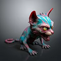 Fantasy Feline Creature With Vibrant Teal Pink Fur Red Ears Fierce Expression Sharp Claws Fangs