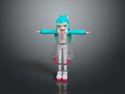 Game Anime Character With Blue Hair Transparent Coat White Pink Outfit Extended Arms 3d model
