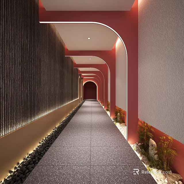 Hotel Corridor With Red Walls Arched Design Gray Carpet Black Vertical Stripes And Plants 3d model 