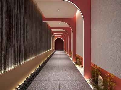 Hotel Corridor With Red Walls Arched Design Gray Carpet Black Vertical Stripes And Plants 3d model