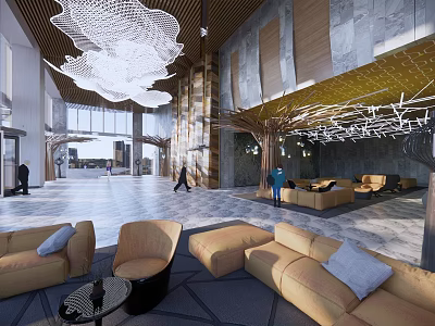Elegant Hotel Lobby Interior With Spacious Design Decorative Chandeliers Comfortable Sofas And Marble Flooring 3d model