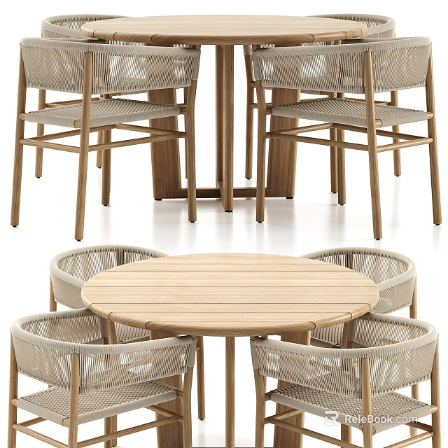 Outdoor Wooden Round Table And Rattan Chairs Dining Set For Patio 3d model 
