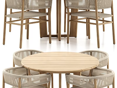 Outdoor Wooden Round Table And Rattan Chairs Dining Set For Patio 3d model