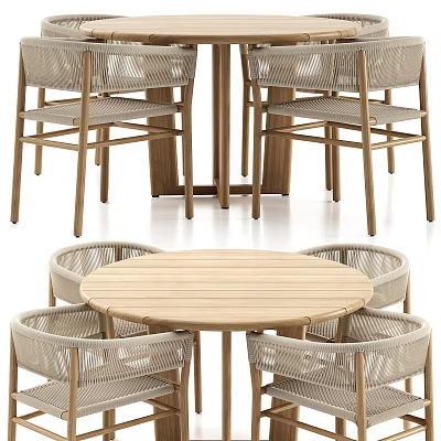 Outdoor Wooden Round Table And Rattan Chairs Dining Set For Patio 3d model