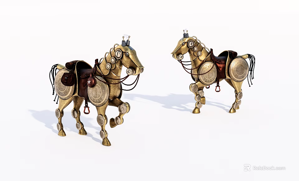 Golden Reptile Shaped Metal Decorative Figurines With Ornate Saddles And Details 3d model 
