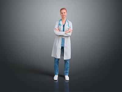 Man In White Coat With Stethoscope Standing With Arms Crossed On Gray Background 3d model