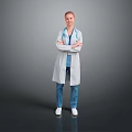 Man In White Coat With Stethoscope Standing With Arms Crossed On Gray Background