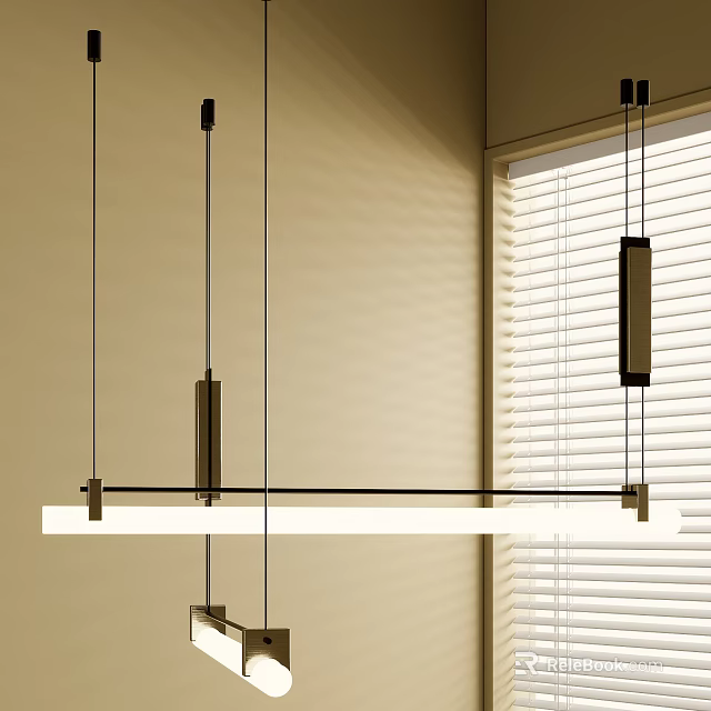 Modern Long Rectangular Pendant Light With Metal Frame Illuminated Over Beige Wall And Window Blinds 3d model
