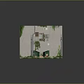 Cartoon Courtyard Scene With Green Vines On Walls Street Lamps Brick Floor And Tables