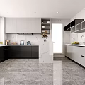 Modern Kitchen Interior With Dark And Gray Cabinets Large Windows And Marble Countertops 3d model
