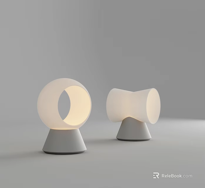 Two Modern Design White Table Lamps With Circular Ring Opening And Cylindrical Shades Conical Base 3d model 