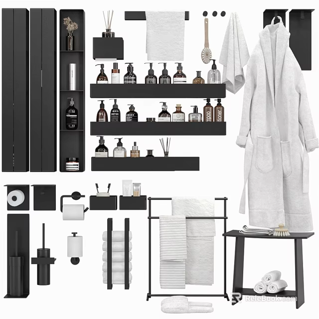 Organized Bathroom Essentials With Storage Shelves Towels Robe Bottles And Toiletries 3d model 