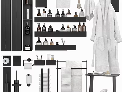 Organized Bathroom Essentials With Storage Shelves Towels Robe Bottles And Toiletries 3d model