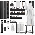 Organized Bathroom Essentials With Storage Shelves Towels Robe Bottles And Toiletries