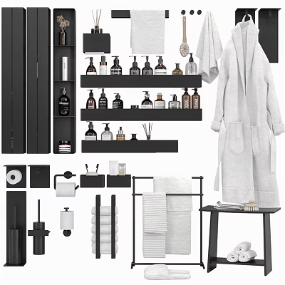 Organized Bathroom Essentials With Storage Shelves Towels Robe Bottles And Toiletries 3d model