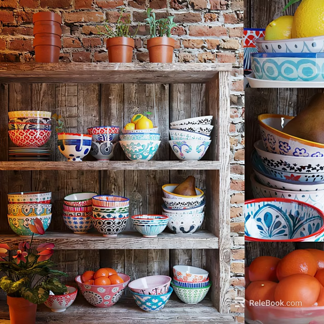 Colorful Ceramic Dinnerware Set With Bowls Plates On Wooden Shelf And Terracotta Pots Oranges 3d model 