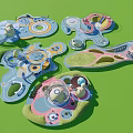 Colorful Children's Play Area Design with Circular Interactive Play Structures and Curved Paths
