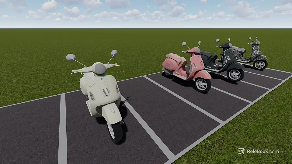 Vintage Motorcycles Parked in Parking Area with White Pink Black Green Grass Blue Sky Clouds 3d model 