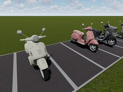 Vintage Motorcycles Parked in Parking Area with White Pink Black Green Grass Blue Sky Clouds 3d model