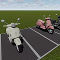Vintage Motorcycles Parked in Parking Area with White Pink Black Green Grass Blue Sky Clouds