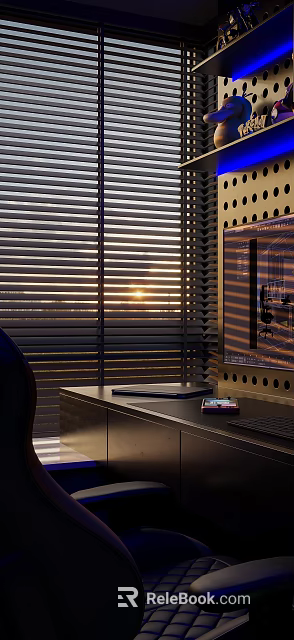 Modern Desk Setup With Laptop Tablet Sunset Light Near Blinds Displaying Design On Screen 3d model 