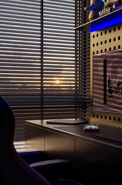 Modern Desk Setup With Laptop Tablet Sunset Light Near Blinds Displaying Design On Screen 3d model