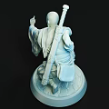 Detailed Monk Sculpture With Sword Kneeling Robed Figure Hand Gesture Circular Base