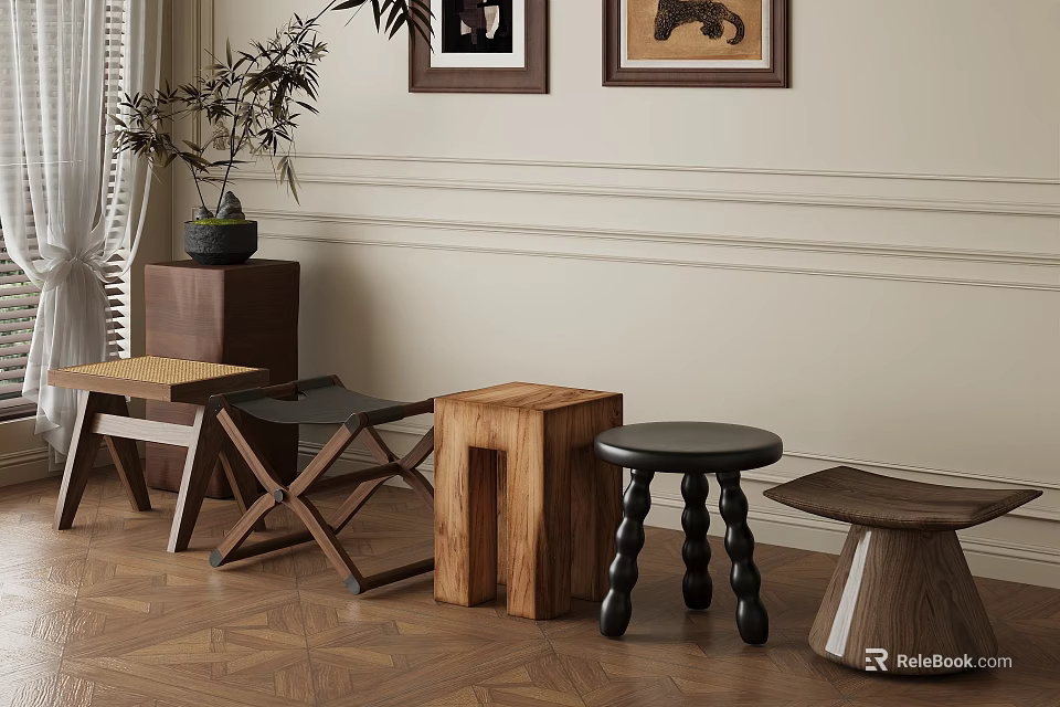 Various Stylish Stools With Wooden And Black Designs On Decorative Wall Wooden Floor 3d model 
