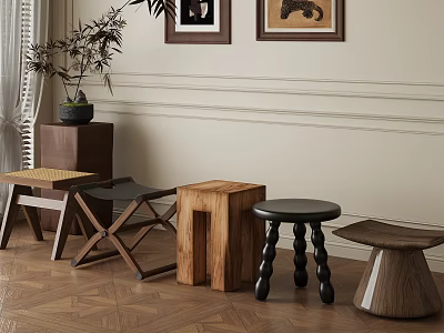 Various Stylish Stools With Wooden And Black Designs On Decorative Wall Wooden Floor 3d model