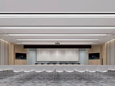 Modern Conference Room Interior Design With Long Table White Chairs Projection Screen And Ceiling Lights 3d model
