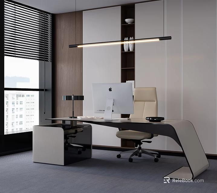 Modern Office Desk Setup with iMac Ergonomic Chair Floor Lamp and Window Blinds 3d model 
