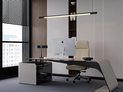 Modern Office Desk Setup with iMac Ergonomic Chair Floor Lamp and Window Blinds 3d model