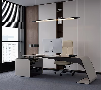 Modern Office Desk Setup with iMac Ergonomic Chair Floor Lamp and Window Blinds 3d model