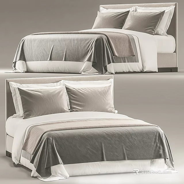 Modern Double Bed With Soft Gray White Bedding And Elegant Headboard 3d model