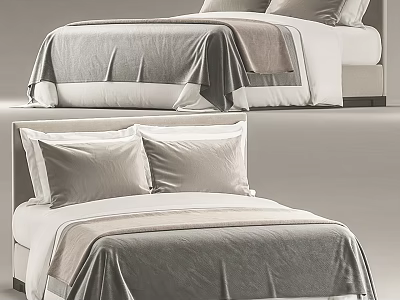 Modern Double Bed With Soft Gray White Bedding And Elegant Headboard 3d model
