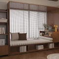 Cozy Modern Window Seat Interior With Wooden Shelves Pillows And Blinds