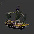 Pirate Ship Model With Black Sails Yellow Bow And Brown Hull On Gray Background