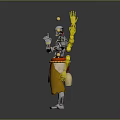 Silver Mechanical Character With Red Sash Yellow Energy Arms And Golden Orbs