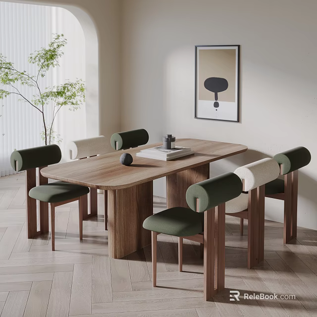 Modern Wooden Dining Table Set With Green Upholstered Chairs And Natural Light Interior 3d model 