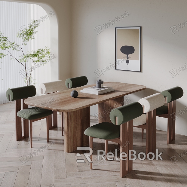 Dining Table and Chair Combination Chandelier Hanging Painting Furnishings Ornaments Carpet Wood Floor Single Chair Dining Table model