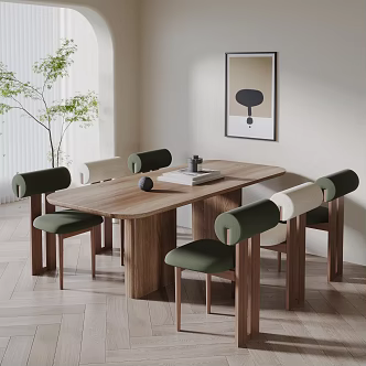 Dining Table and Chair Combination Chandelier Hanging Painting Furnishings Ornaments Carpet Wood Floor Single Chair Dining Table 3d model