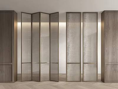 Modern Room Dividers With Wooden Frames Textured Glass Panels And Metal Accents For Interior Design 3d model
