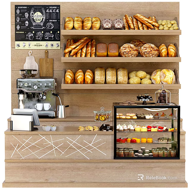Bakery Reception Counter With Various Bread Loaves Coffee Machine And Glass Display Case 3d model 