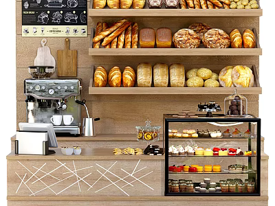 Bakery Reception Counter With Various Bread Loaves Coffee Machine And Glass Display Case 3d model