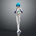 Game Movie Character With Blue Hair White Bodysuit Blue Accents Holding Green And White Object