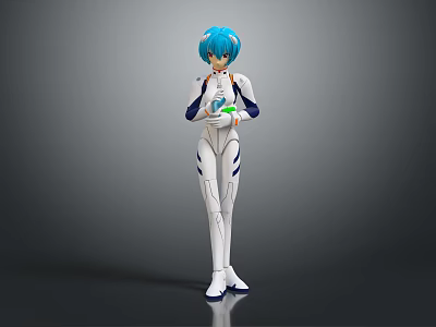 Game Movie Character With Blue Hair White Bodysuit Blue Accents Holding Green And White Object 3d model