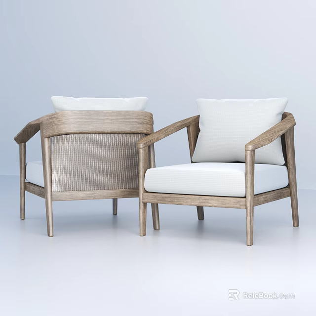 Modern Single Sofa With Wooden Armrests Rattan Backrest And White Cushions 3d model 