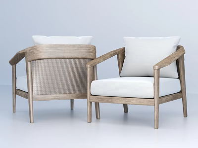 Modern Single Sofa With Wooden Armrests Rattan Backrest And White Cushions 3d model