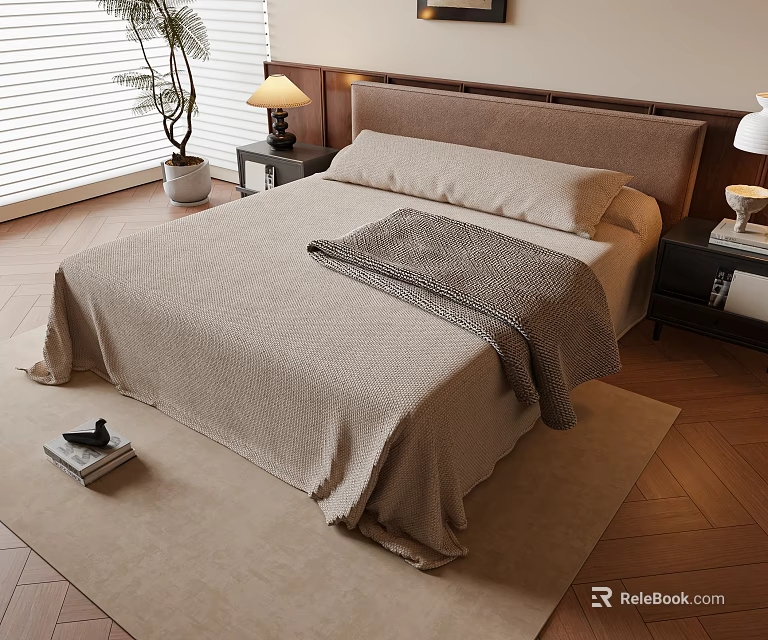 Double Bed With Beige Bedspread Gray Blanket Wooden Nightstands Table Lamps Window Blinds And Rug 3d model 