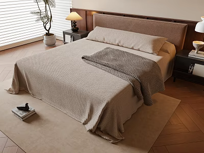 Double Bed With Beige Bedspread Gray Blanket Wooden Nightstands Table Lamps Window Blinds And Rug 3d model